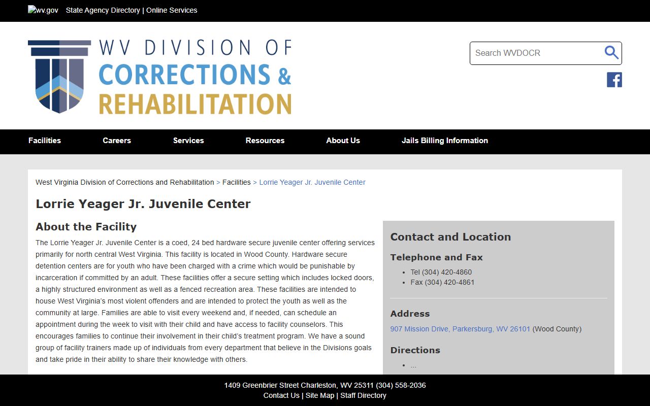 Lorrie Yeager Jr. Juvenile Center custody information page