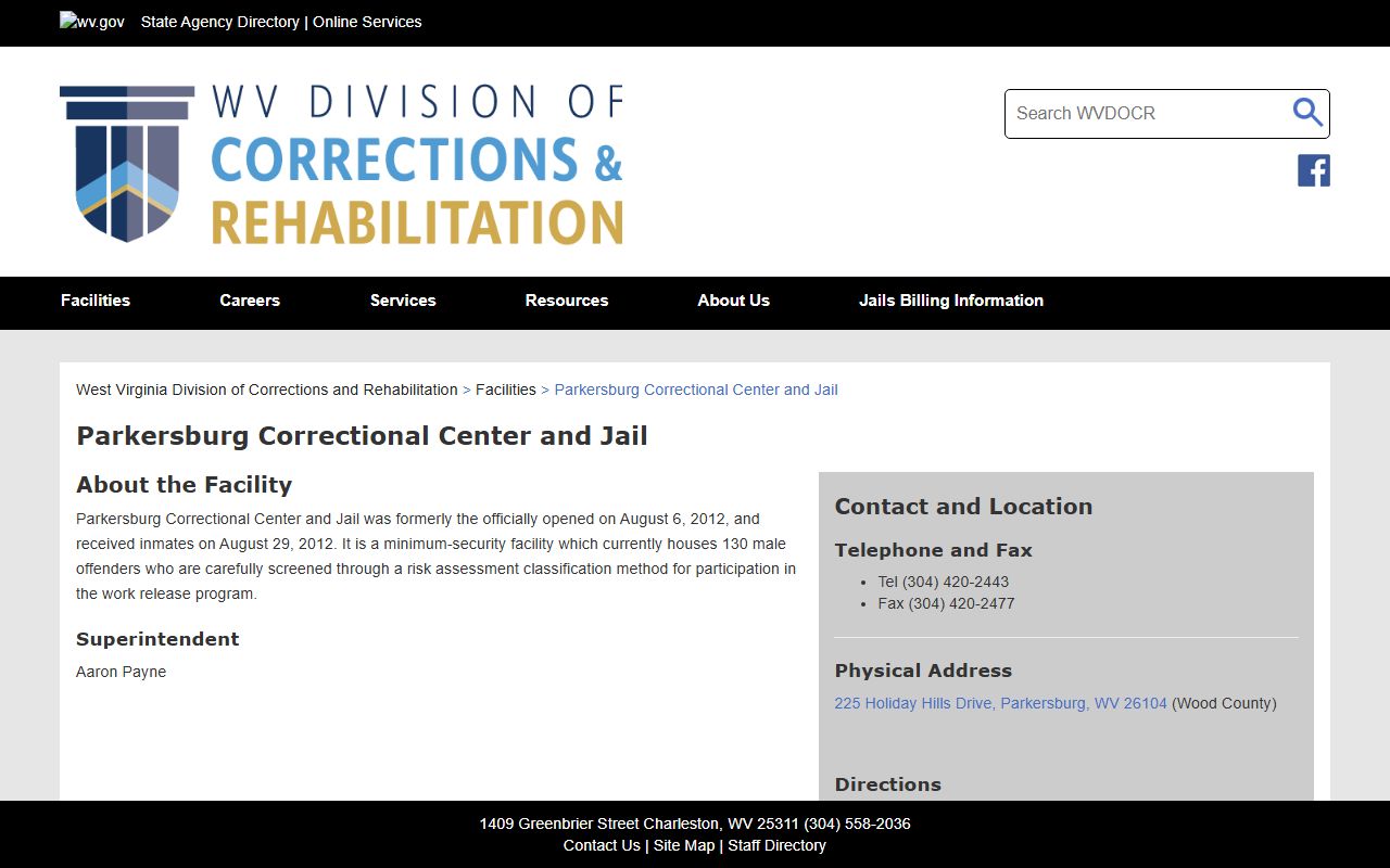 Parkersburg Correctional Center and Jail inmate lookup facility page
