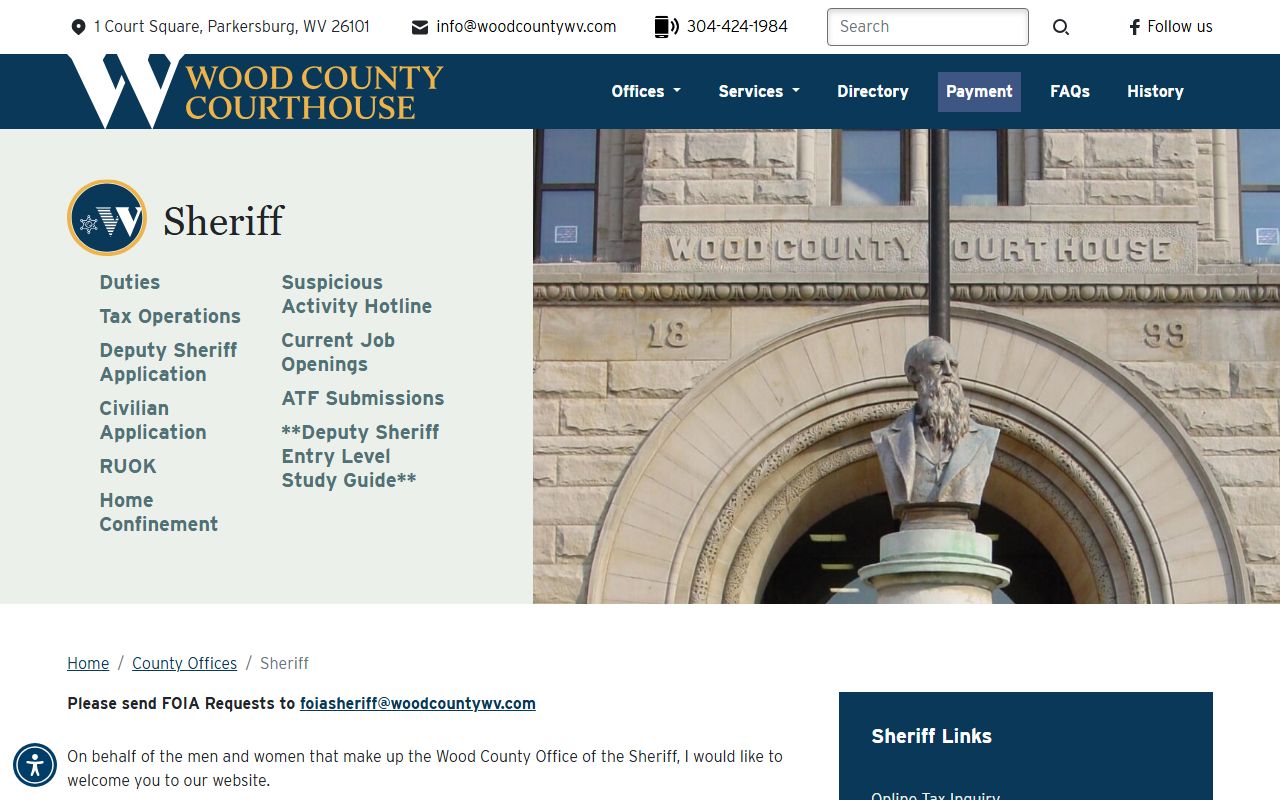 Wood County Sheriff's Office page with holding center and prisoner transport information