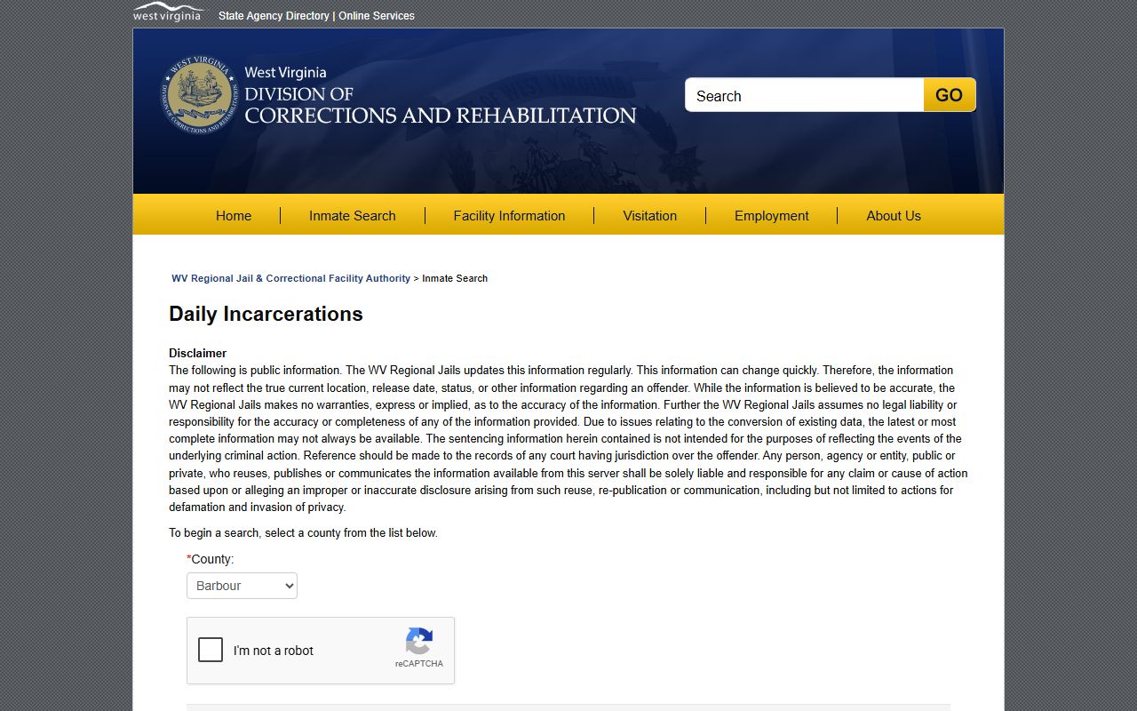 West Virginia Daily Incarcerations county search page